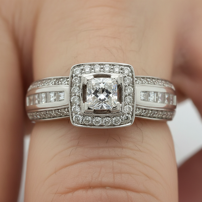 14K White Gold 1.04 Carat Total Weight (.29 Center Princess Cut) Diamond Bridal Engagement Ring