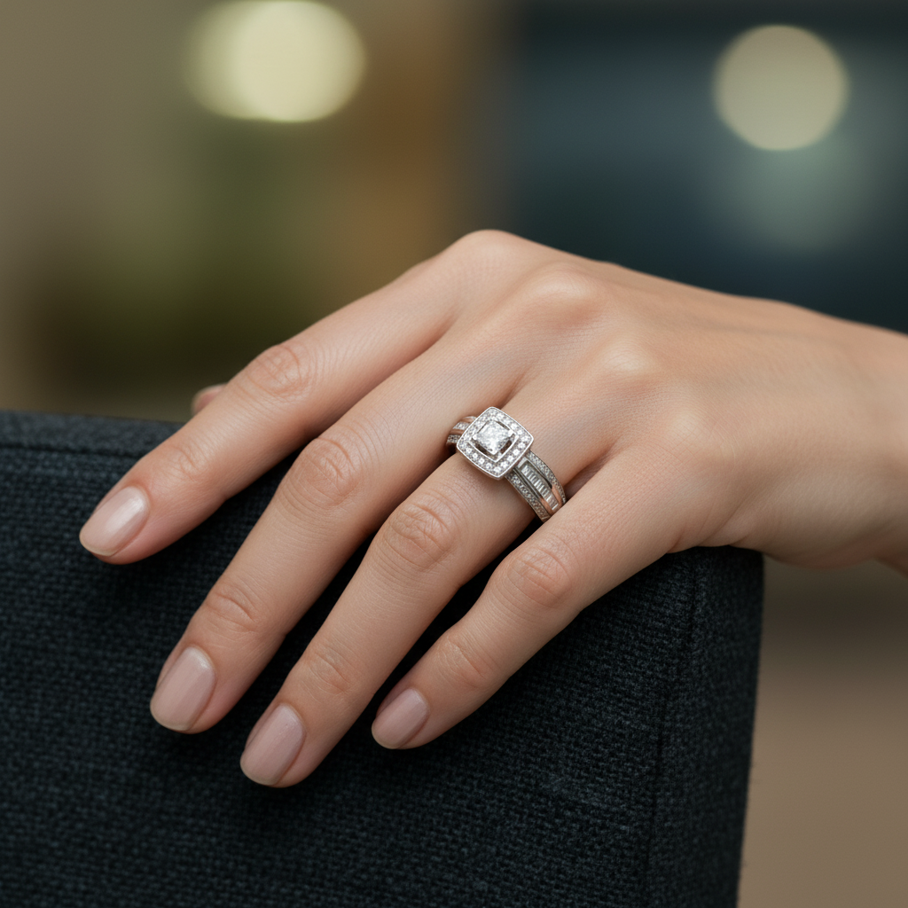 14K White Gold 1.04 Carat Total Weight (.29 Center Princess Cut) Diamond Bridal Engagement Ring