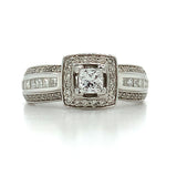14K White Gold 1.04 Carat Total Weight (.29 Center Princess Cut) Diamond Bridal Engagement Ring