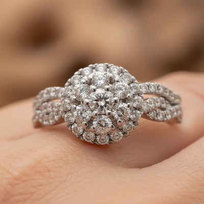 10K White Gold 1 Carat Total Weight Diamond Bridal Engagement Ring Set
