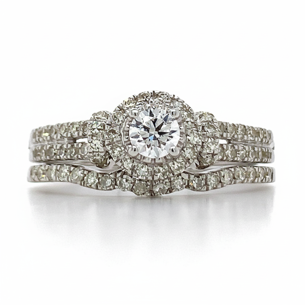 14K White Gold Diamond Bridal Engagement Ring Set
