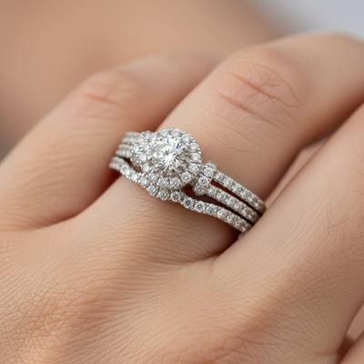 14K White Gold Diamond Bridal Engagement Ring Set