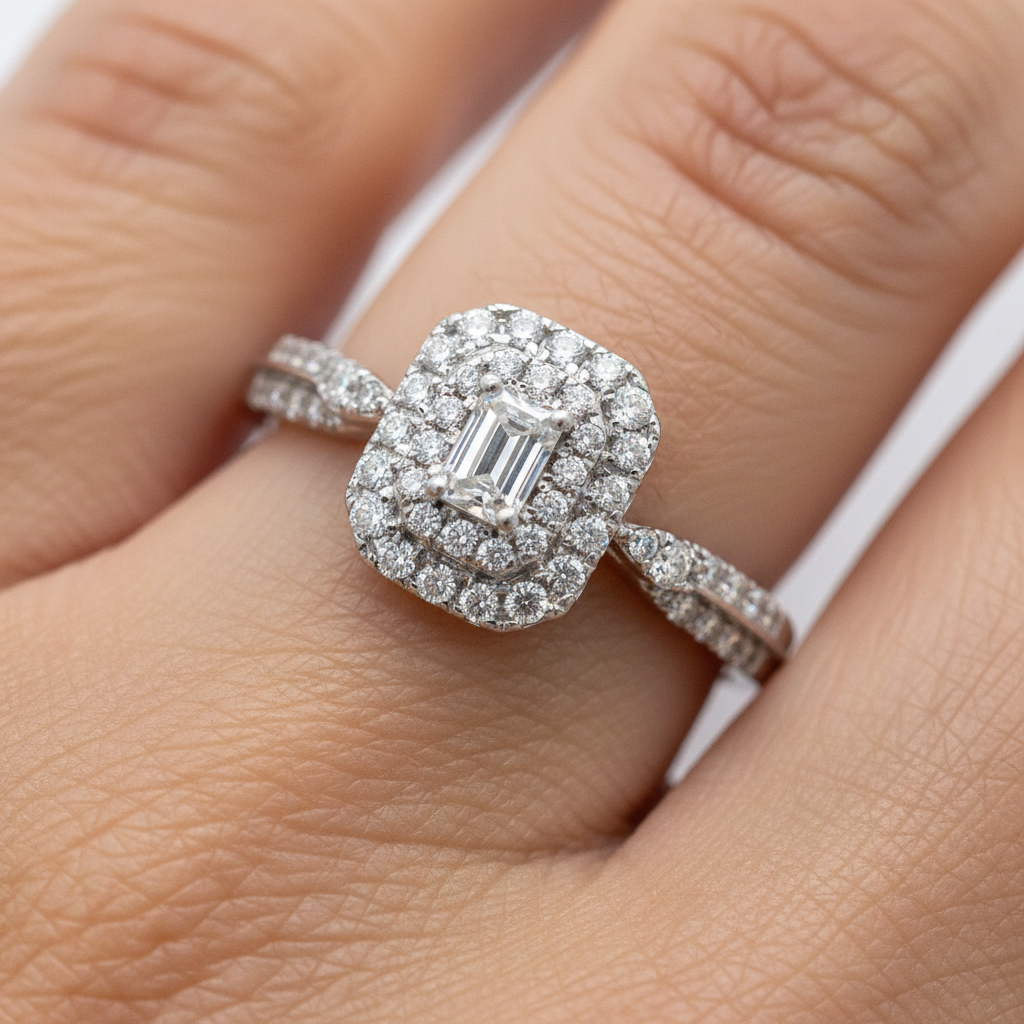 14K White Gold 1/2 Carat Total Weight 1/6CT Center Emerald Cut Diamond Engagement Ring