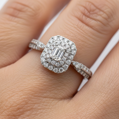 14K White Gold 1/2 Carat Total Weight 1/6CT Center Emerald Cut Diamond Engagement Ring