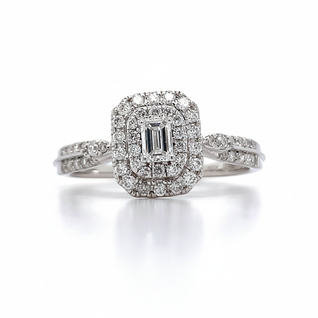 14K White Gold 1/2 Carat Total Weight 1/6CT Center Emerald Cut Diamond Engagement Ring