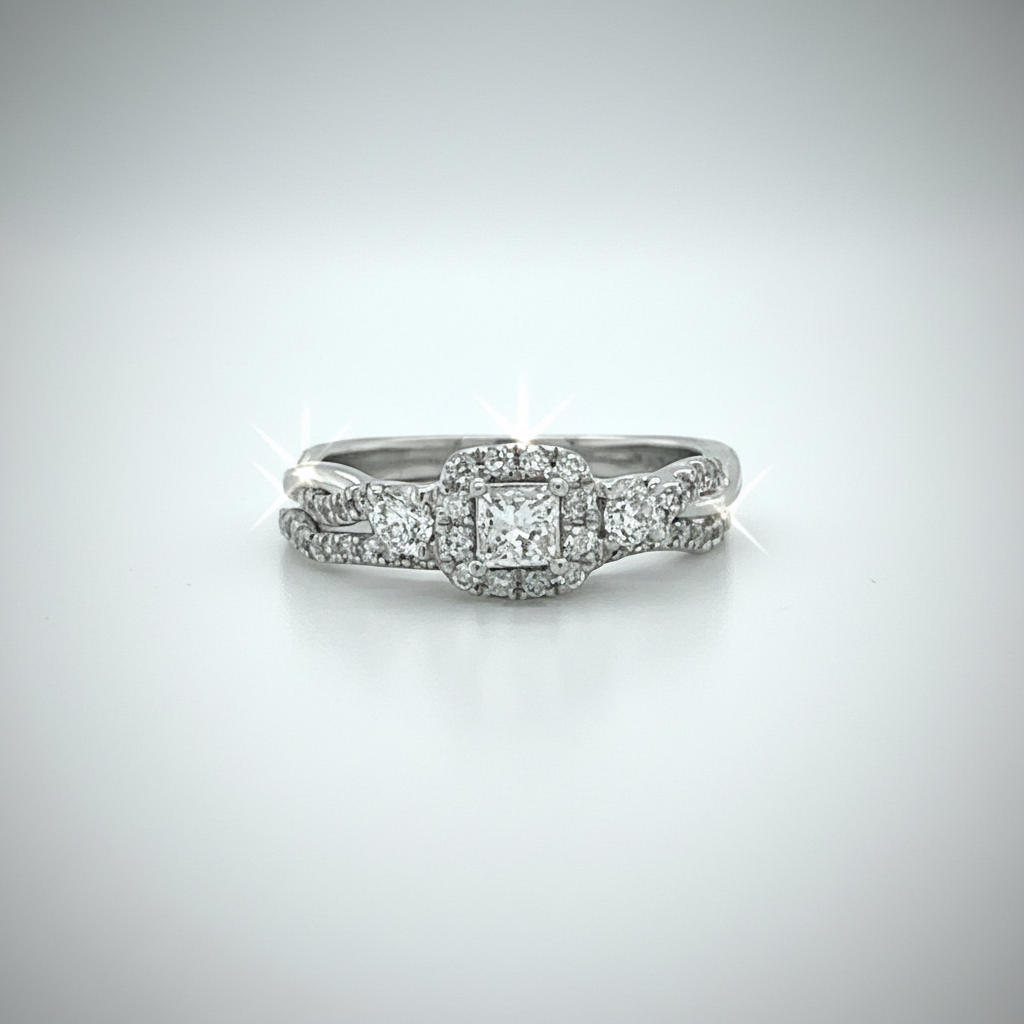 14K White Gold 3/4 Carat Total Weight Diamond 1/4CT Center Princess Bridal Engagement Ring Se