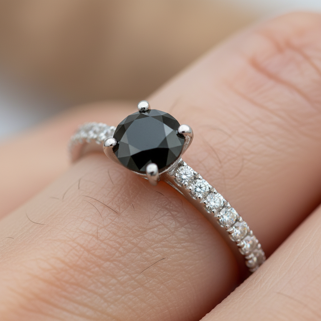 114K White Gold 1.25CT Black Diamond with .37 Carat Total Weight White Diamond Bridal Engagement Ring