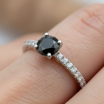 114K White Gold 1.25CT Black Diamond with .37 Carat Total Weight White Diamond Bridal Engagement Ring