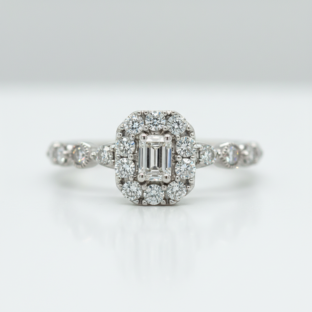 14K White Gold 3/4 Carat Total Weight Round and Emerald Cut Diamond Engagement Ring