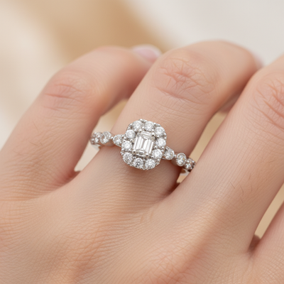 14K White Gold 3/4 Carat Total Weight Round and Emerald Cut Diamond Engagement Ring