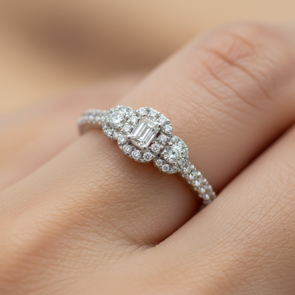 14K White Gold 1/2 Carat Total Weight Diamond Bridal/Engagement/Wedding/Anniversary 3-Stone Halo Ring