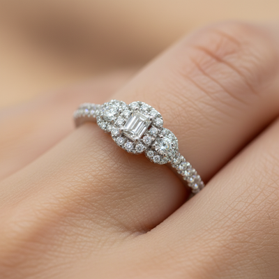 14K White Gold 1/2 Carat Total Weight Diamond Bridal/Engagement/Wedding/Anniversary 3-Stone Halo Ring