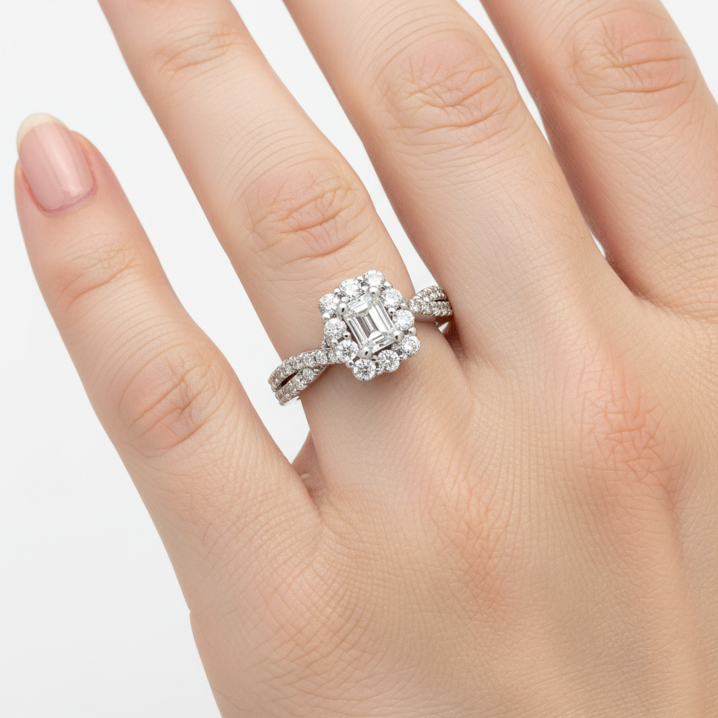 14K White Gold 1.00 Carat Total Weight Diamond Rectangular Halo Twisted Band Bridal Engagement Wedding Anniversary Ring