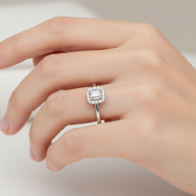 14K White Gold 1/10 Carat Total Weight (32) Diamond with 1/5CT Diamond Center Halo Bridal Engagement Ring