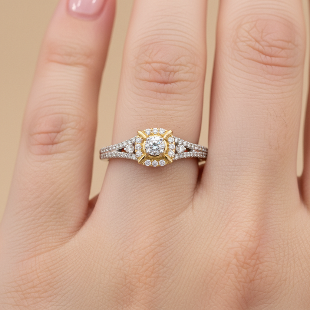 14K White and Yellow Gold 0.33 Carat Total Weight Diamond Bridal Engagement Ring.