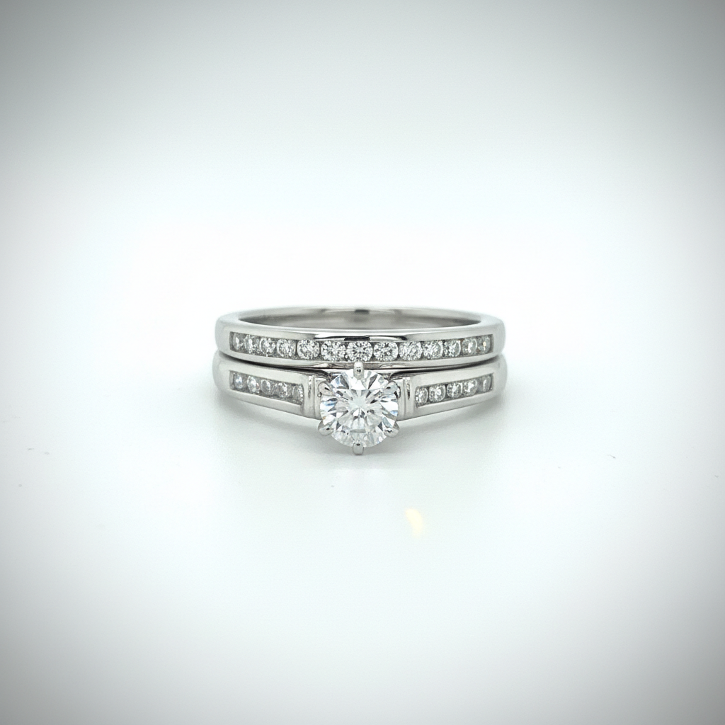 14K White Gold .86 Carat Total Weight, .57CT Brilliant Round FG, SI2 Center, Diamond Bridal Engagement Ring Set