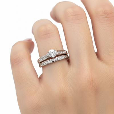 14K White Gold .86 Carat Total Weight, .57CT Brilliant Round FG, SI2 Center, Diamond Bridal Engagement Ring Set
