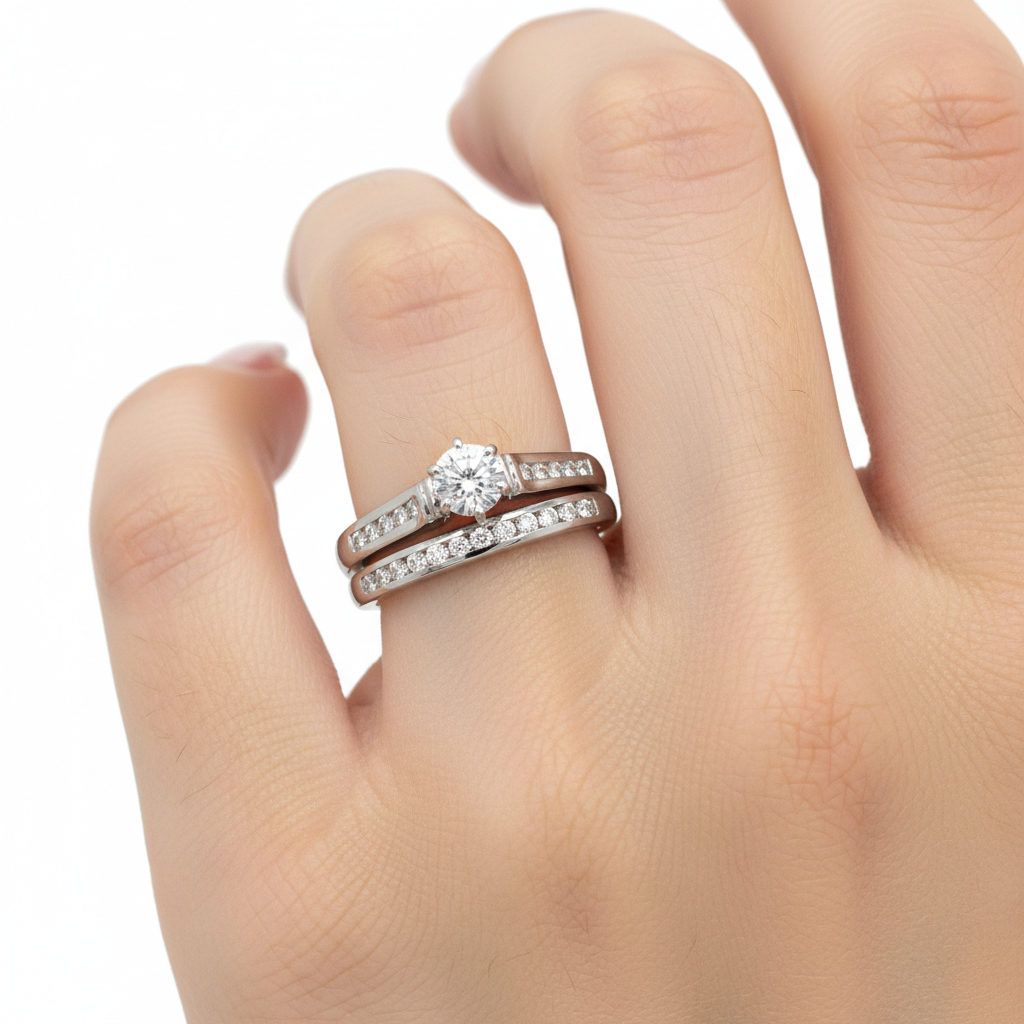 14K White Gold .86 Carat Total Weight, .57CT Brilliant Round FG, SI2 Center, Diamond Bridal Engagement Ring Set
