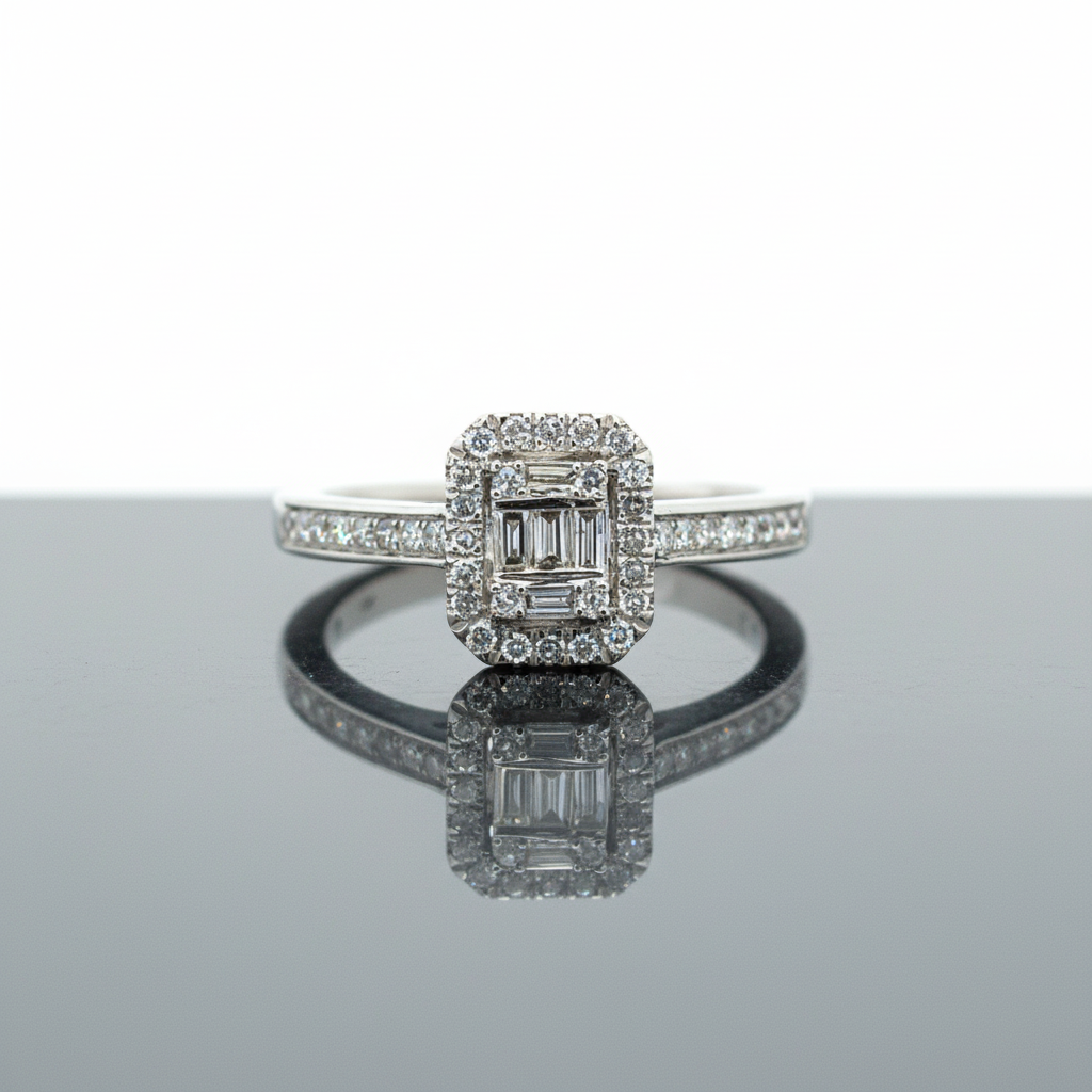 14K White Gold 1/3 Carat Total Weight Diamond Emerald-Shaped Composite Setting Halo Bridal Engagement Ring
