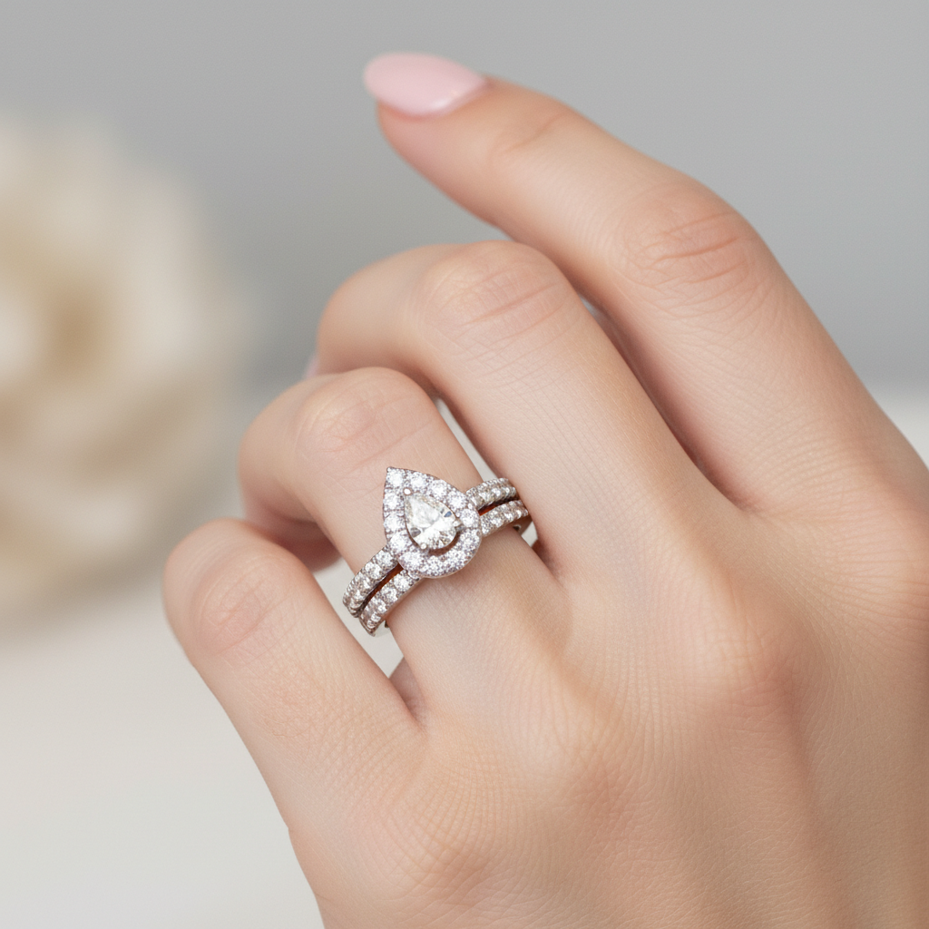 14K White Gold 1.00 Carat Total Weight Diamond Pear-Shaped Halo Bridal Wedding Engagement Ring Set with Peekaboo Diamond in Gallery of Rin