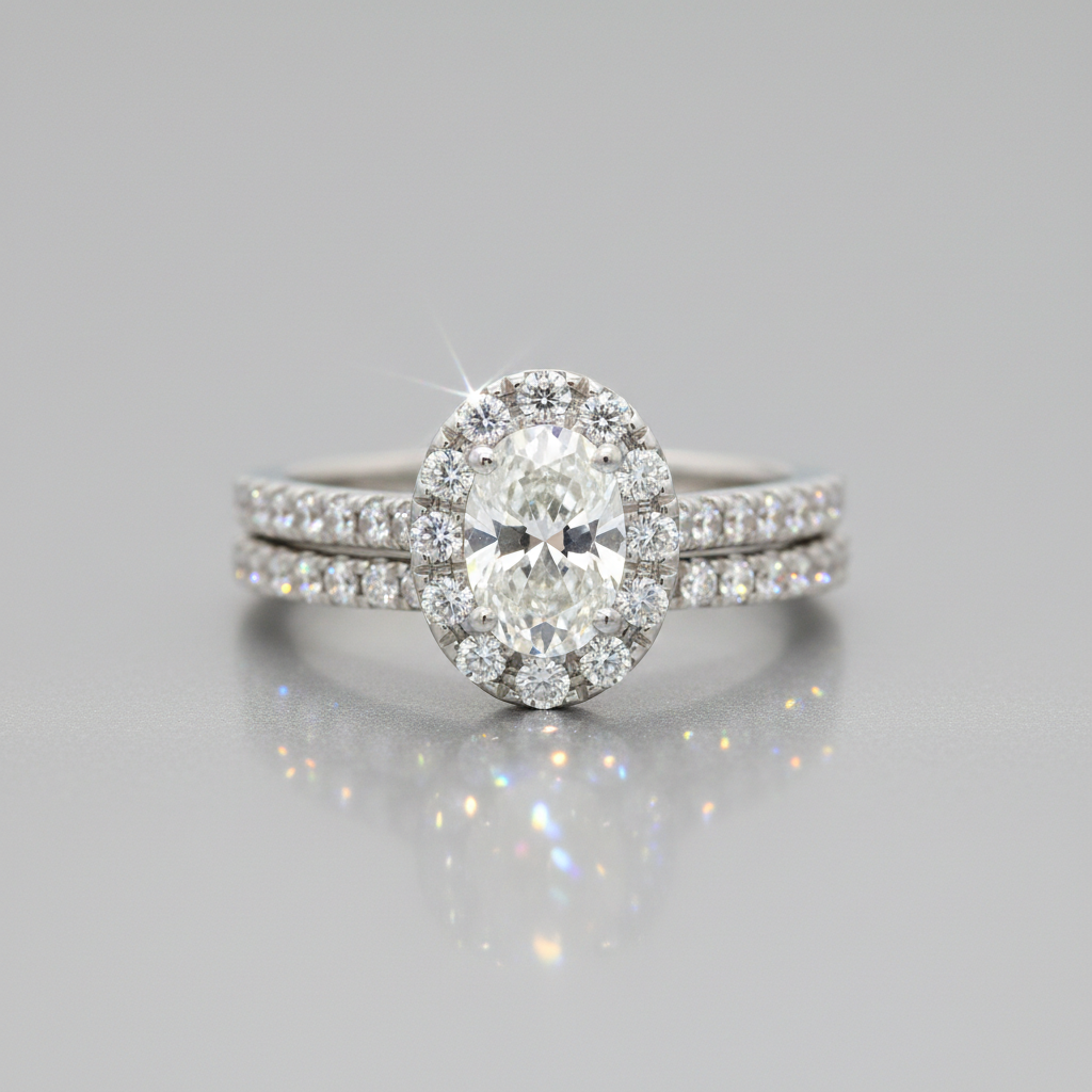 14K White Gold 1.00 Carat Total Weight Oval Halo Diamond Bridal Wedding Engagement Ring Set with .25CT 5x3mm Diamond Center and Peekaboo Diamond in the Gallery of Ring.