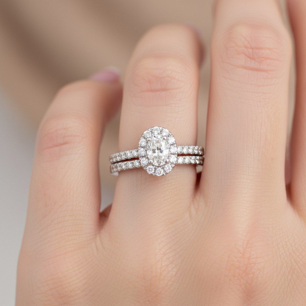 14K White Gold 1.00 Carat Total Weight Oval Halo Diamond Bridal Wedding Engagement Ring Set with .25CT 5x3mm Diamond Center and Peekaboo Diamond in the Gallery of Ring.