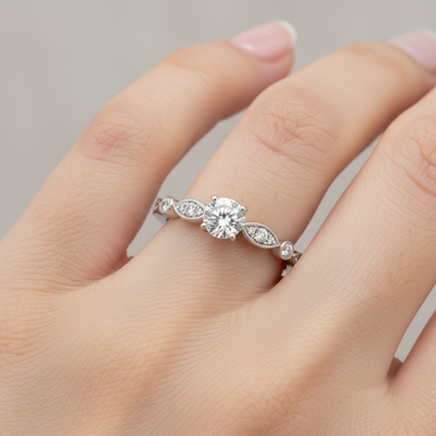 "Adrian"  WJS Set 14K White Gold 0.67 Carat Total Weight (13 Brilliant Round) Diamond including 0.50CT Center Diamond Engagement Ring