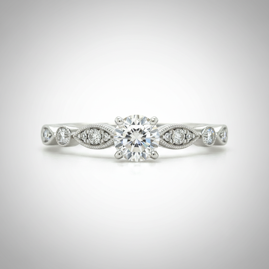 "Adrian"  WJS Set 14K White Gold 0.67 Carat Total Weight (13 Brilliant Round) Diamond including 0.50CT Center Diamond Engagement Ring
