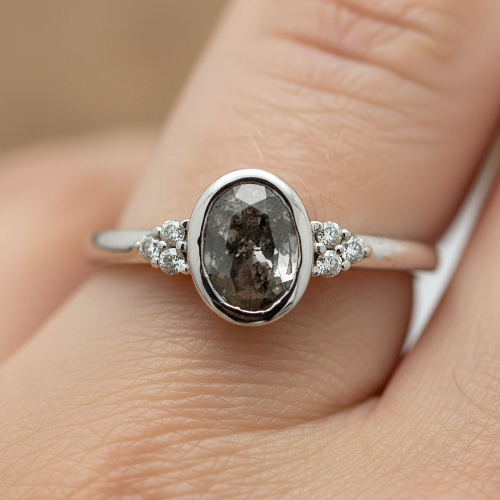 14K White Gold Salt and Pepper Oval Bezel Set Bridal Engagement Fashion Ring  with 1.00 Carat Total Weight (7) Diamonds including Natural 0.91CT Oval Diamond Center