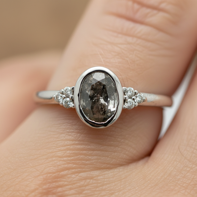 14K White Gold Salt and Pepper Oval Bezel Set Bridal Engagement Fashion Ring  with 1.00 Carat Total Weight (7) Diamonds including Natural 0.91CT Oval Diamond Center