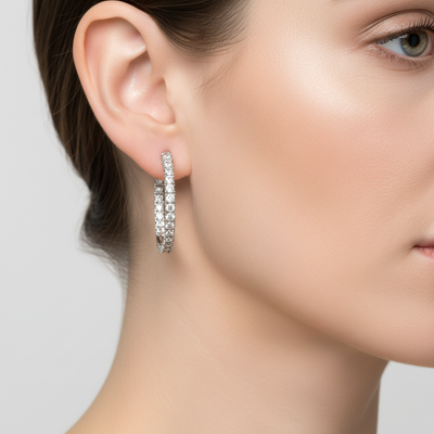 10K White Gold 6.2g 2.00 Carat Total Weight Round Brilliant Cut Natural Diamond Inside-Outside Push Release 1" Hoop Earrings