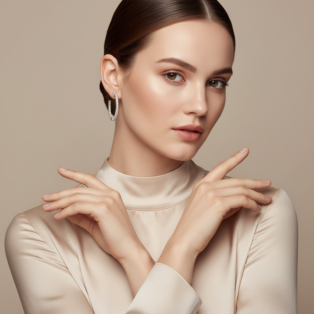 14K White Gold 4.2g 0.55 Carat Total Weight Round Brilliant Cut Natural Diamond Oval Shaped Push Release Inside-Outside 1" Hoop Earrings.
