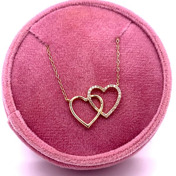 10K Yellow Gold 1/10 Carat Total Weight Diamond Double Heart Necklace