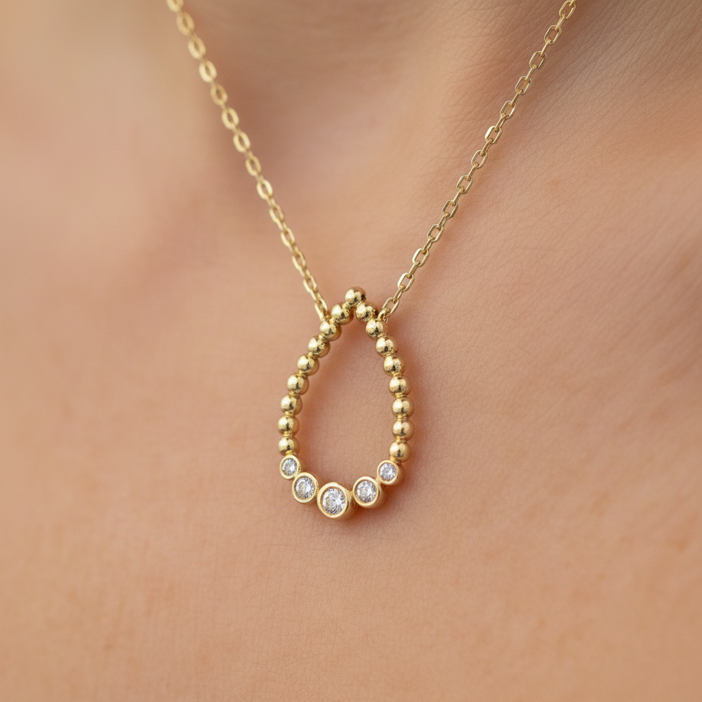 14K Yellow Gold 1/8  Carat Total Weight Diamond Open Teardrop Necklace