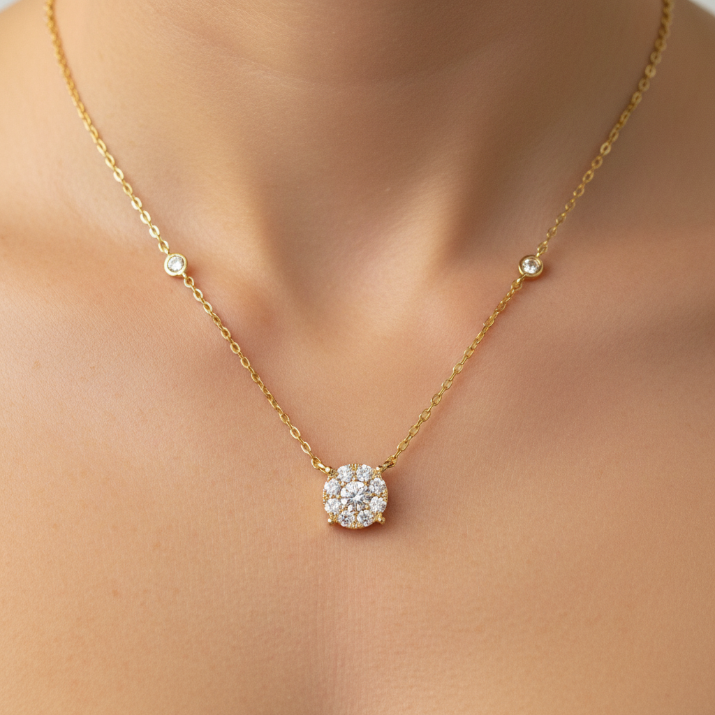 14K Yellow Gold .84 Carat Total Weight Diamond Station Pendant with 8 Accent Diamonds