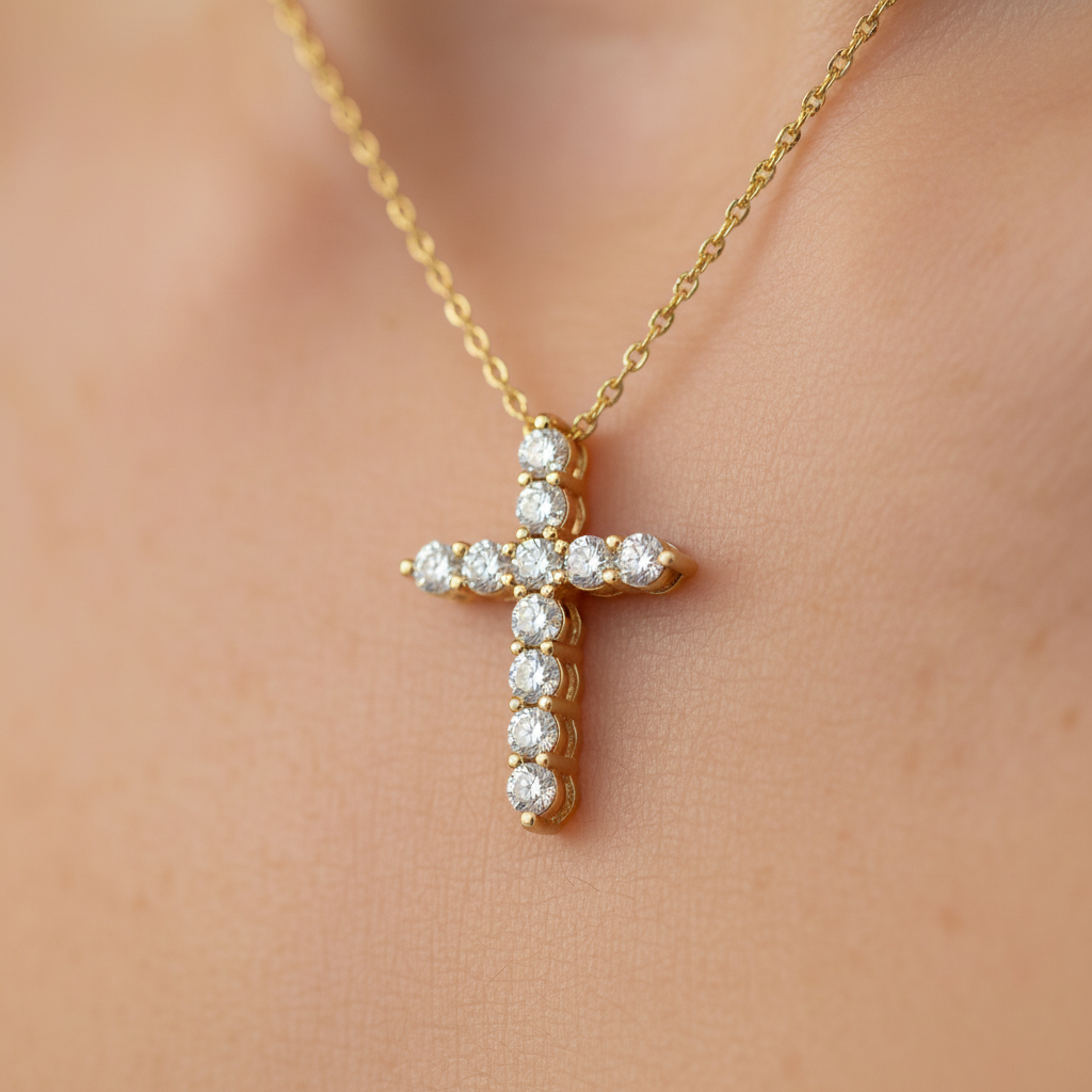 14K Yellow Gold 1/2 Carat Total Weight (11) Diamond Cross Pendant