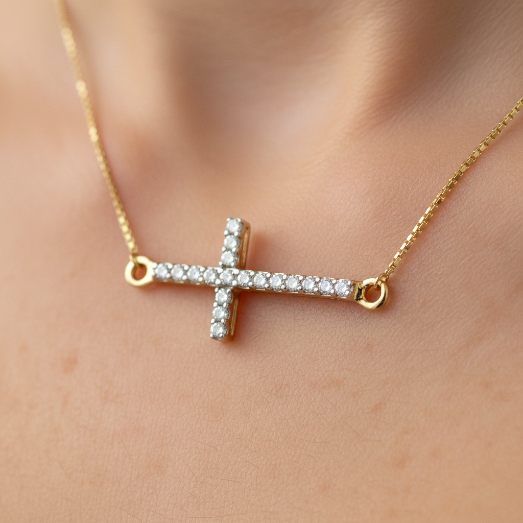 10K Yellow Gold 1/10 Carat Total Weight Diamond Sideways Cross Necklace