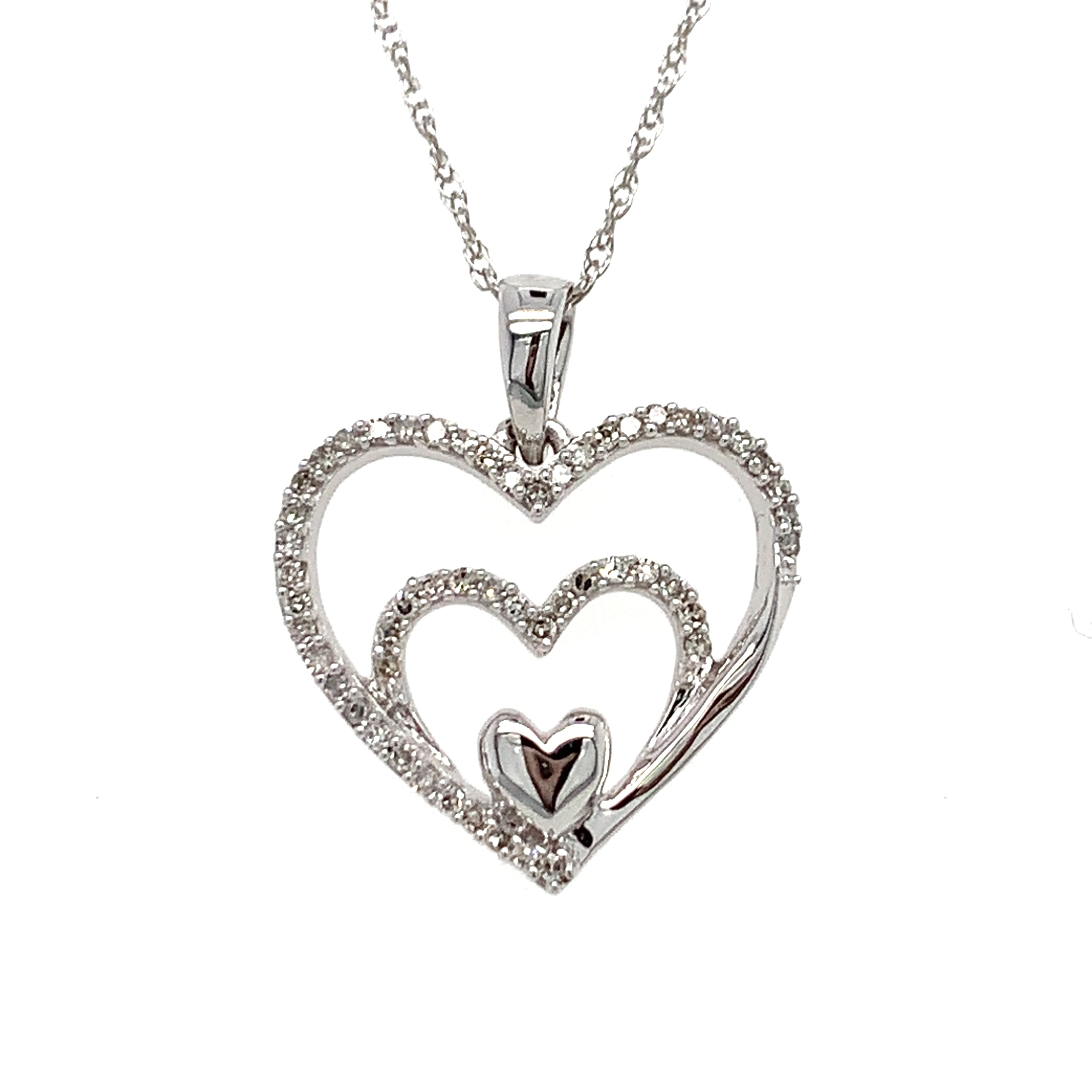 "Lisa" 10K White Gold 53 Diamond Three Heart Necklace