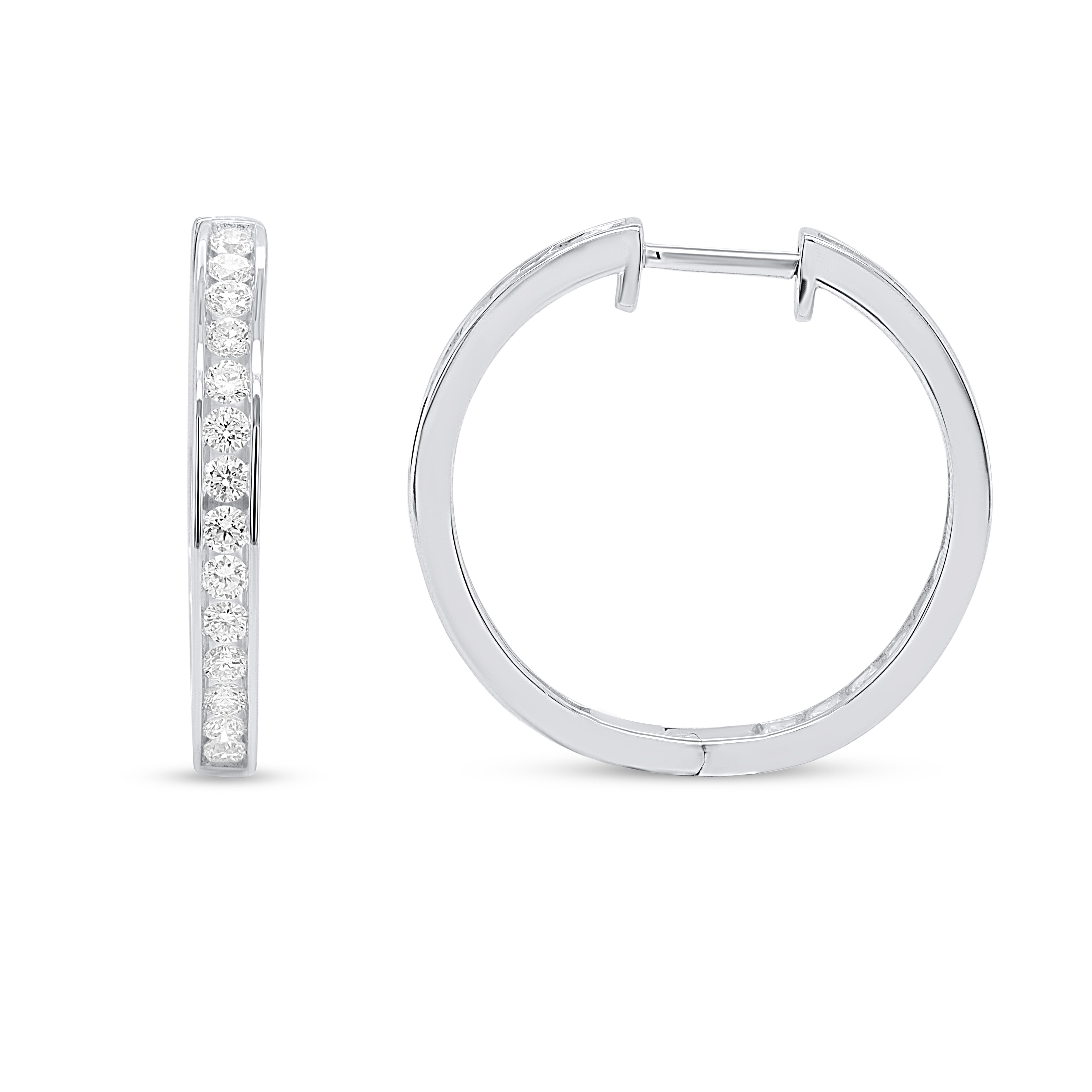 14K White Gold 1.00 Carat Total Weight Lab Grown Diamond Inside-Outside Channel Set Hoop Earrings
