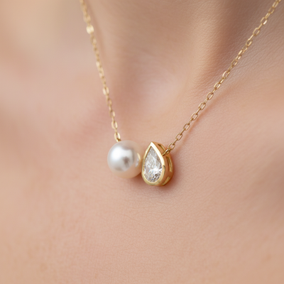 14K Yellow Gold 7-7.5mm Akoya Pearl and Pear-Shaped Lab Grown Diamond Toi Et Moi Necklace