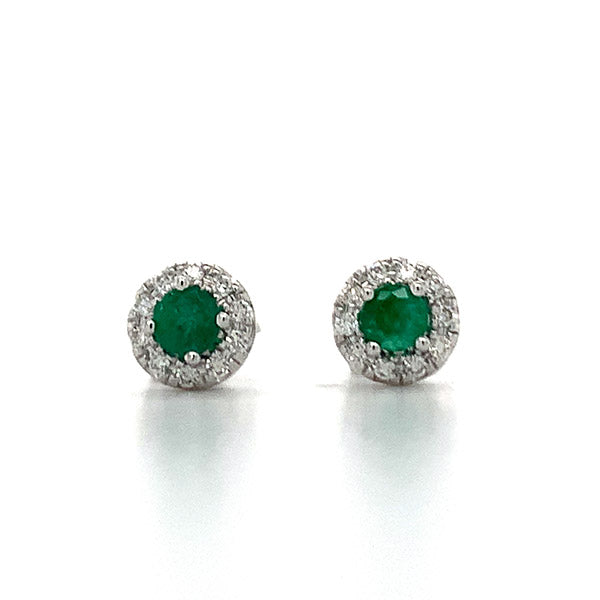 14K White Gold .32 Total Gem Weight Emerald and .15 Carat Total Weight Diamond Stud Earrings