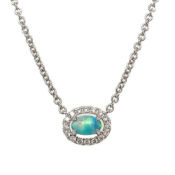 14K White Gold .29CT Opal and 1/8 Carat Total Weight (16 Brilliant) Diamond Pendant