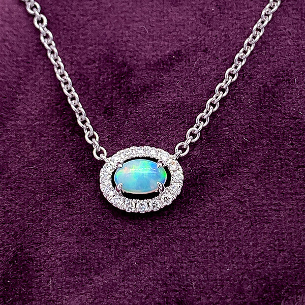 14K White Gold .29CT Opal and 1/8 Carat Total Weight (16 Brilliant) Diamond Pendant