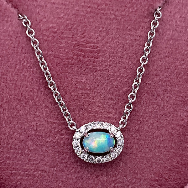 14K White Gold .29CT Opal and 1/8 Carat Total Weight (16 Brilliant) Diamond Pendant