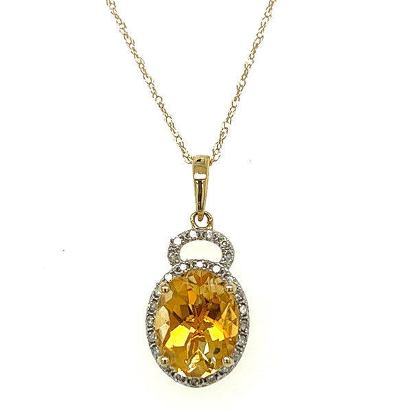 10K Yellow Gold Oval Citrine and Diamond Halo Pendant