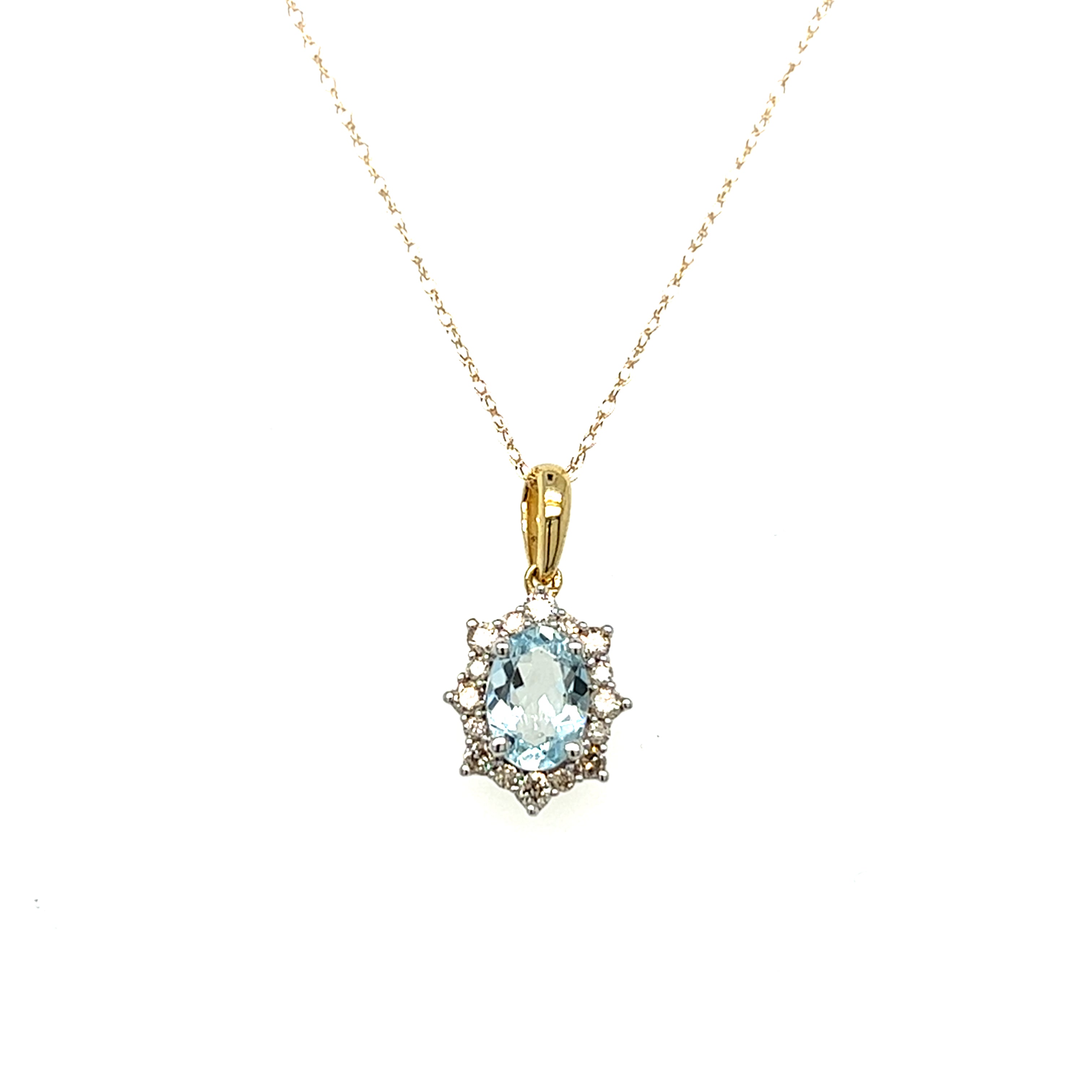 10K Yellow Gold 7X5 Oval Aquamarine and 1/5 Carat Total Weight Diamond Necklace