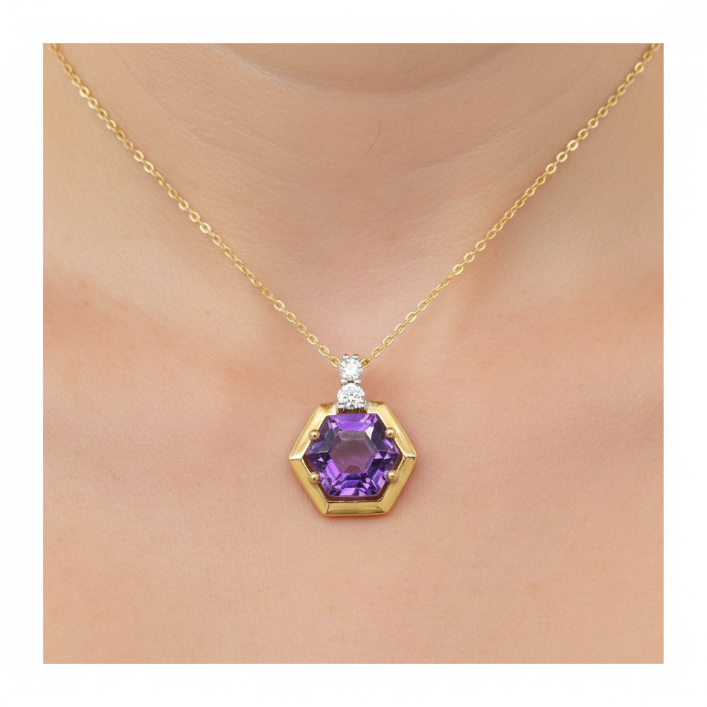 14K White and Yellow Gold Amethyst and Diamond Hexagon Pendant