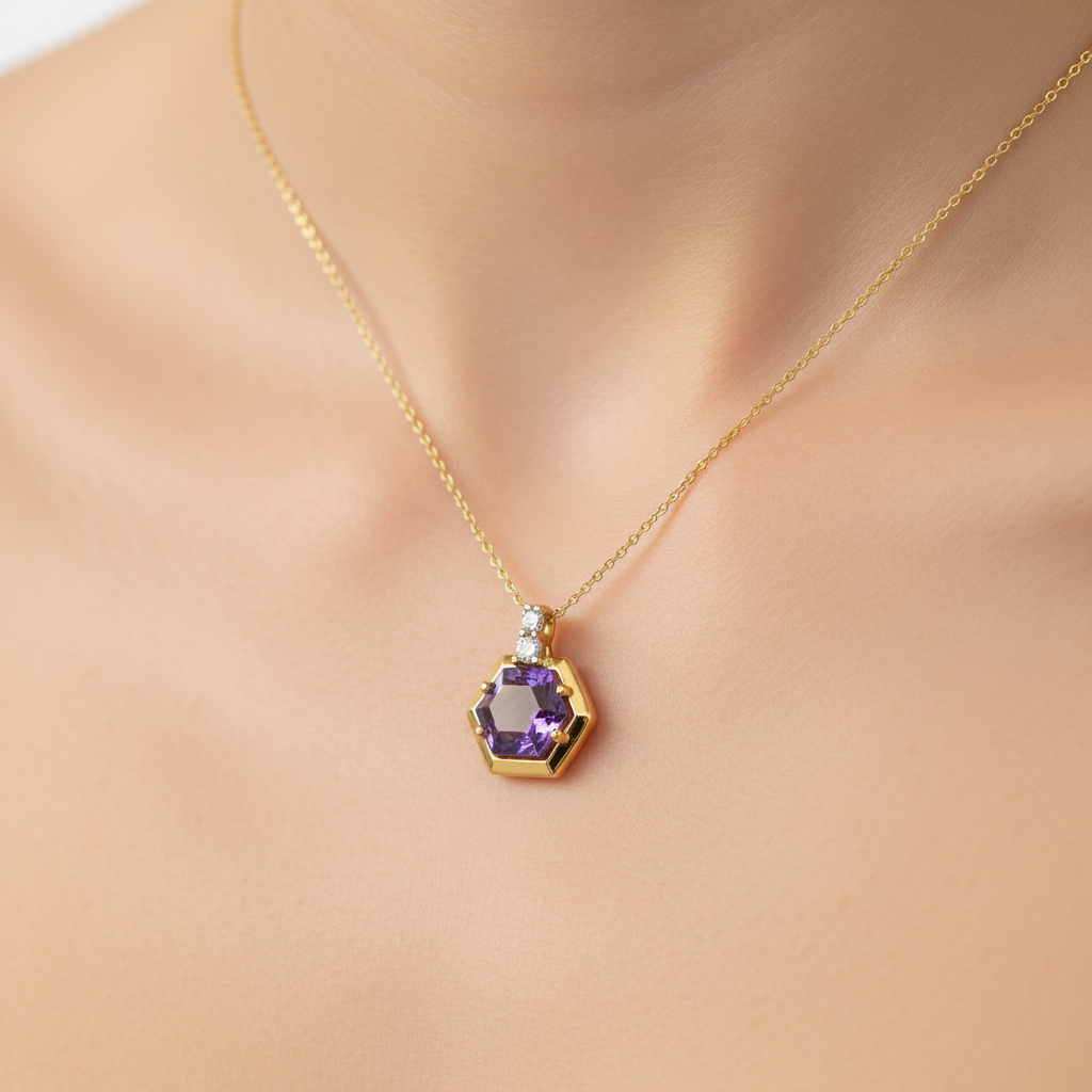 14K White and Yellow Gold Amethyst and Diamond Hexagon Pendant
