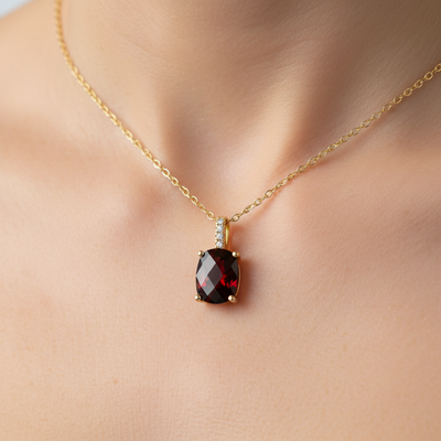 14K Yellow Gold 1.44CT Checkerboard Oval Garnet and Diamond Bail Pendant
