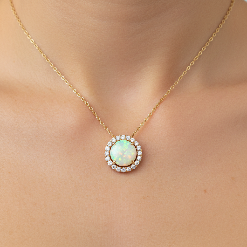 14K Yellow Gold 1.81CT Round Opal and 0.34 Carat Total Weight (20) Diamond Halo Pendant Necklace